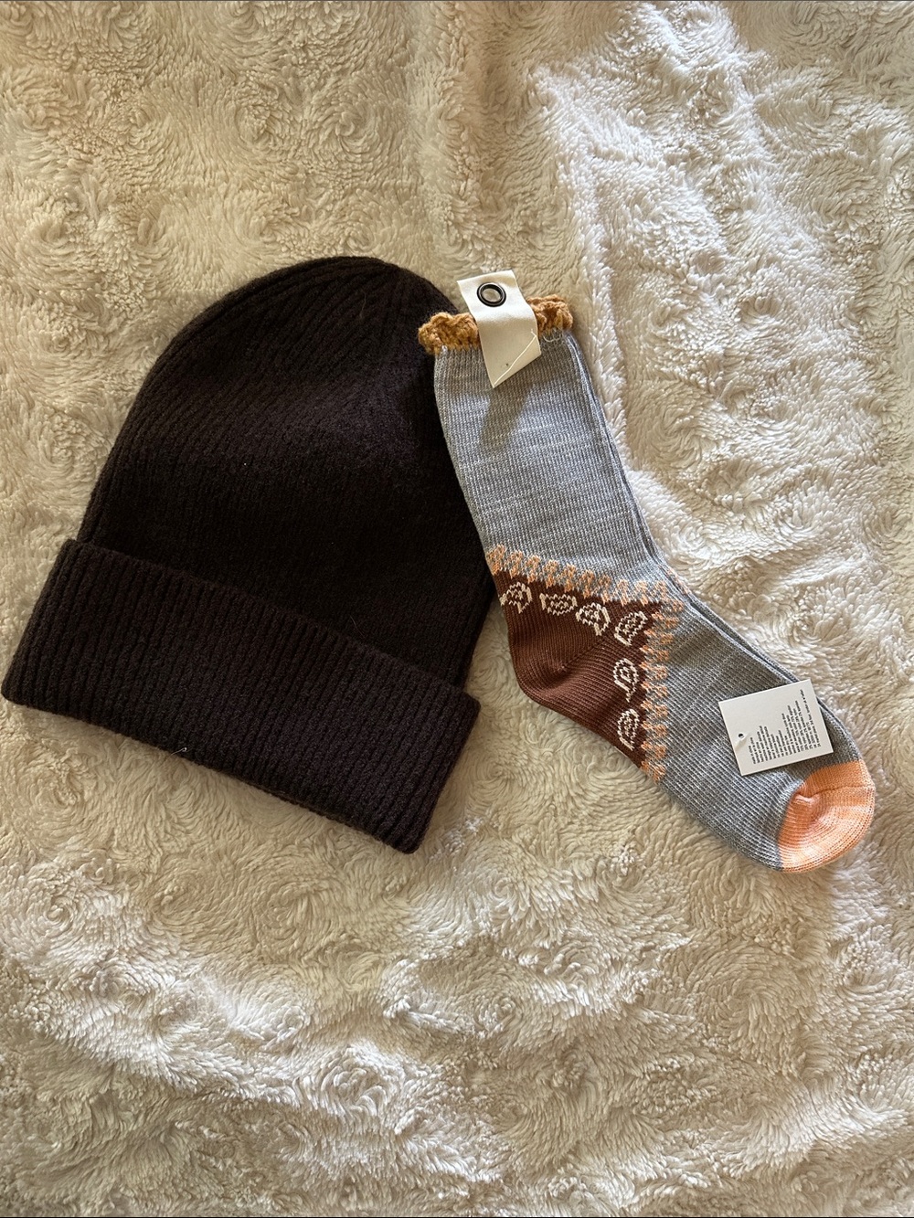 Free People Dark Brown Knit Beanie & Decorative Socks